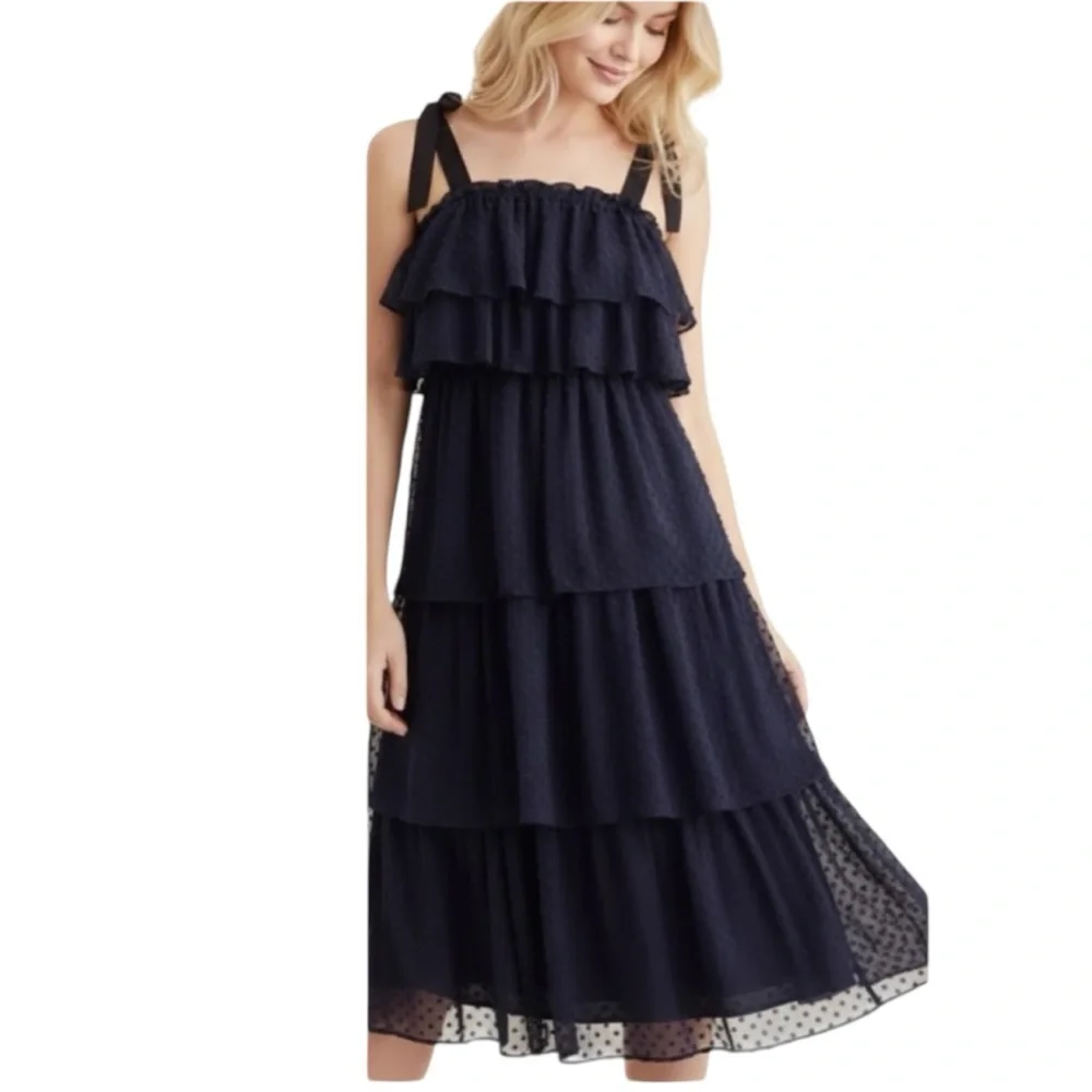 J.Crew Navy Blue Polka Dot Spaghetti Strap Sundress Size layered Ruffles Size 4‎